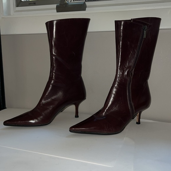 Jimmy Choo Sz 35 Brown Leather Kitten Heel Mid Leg Side Zip Boots - Picture 9 of 13